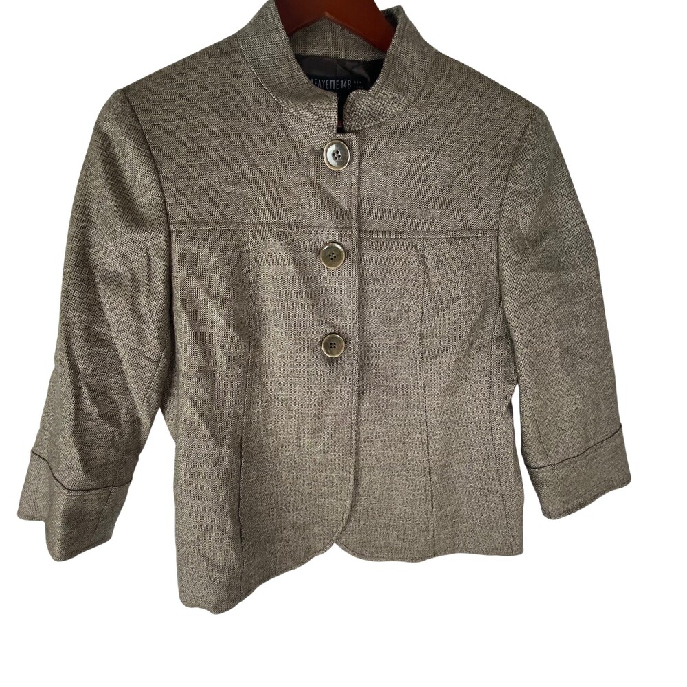 Lafayette 148 Womens Brown Wool Mandarin Collar Jacket Size 10 Petite Pockets